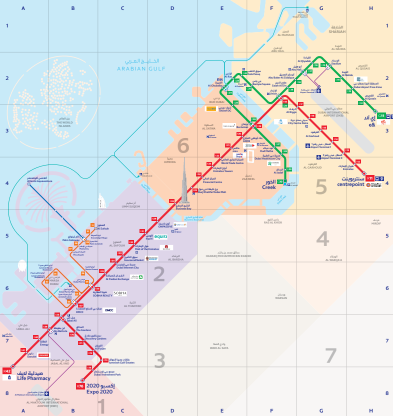 Een kaart van het metronetwerk in Dubai